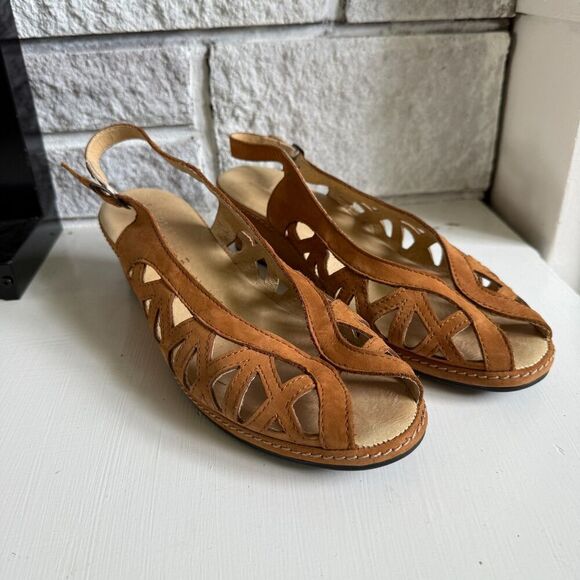 La Plume Leather Cutout Strappy Sling Back Suede Wedge Sandals Heels EU 41/US 10 - Picture 2 of 8